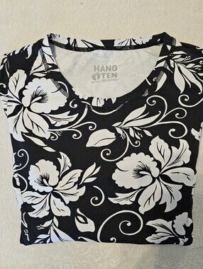 Hang Ten Womens Black White Floral Long Sleeve Rashguard Sun Shirt Pocket XS Euc